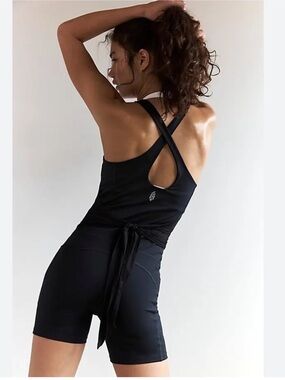 FP Movement by Free People] Black Crossback Romper Jumpsuit with side pockets